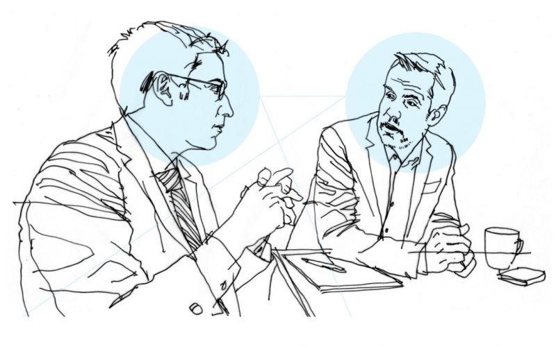 Ilustración de los profesores que realizan el pódcast sobre IA y Derecho de la Universidad de Columbia