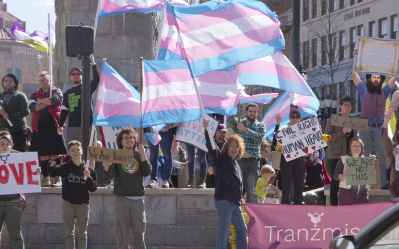 Manifestantes estadounidenses ondeando la bandera trans
